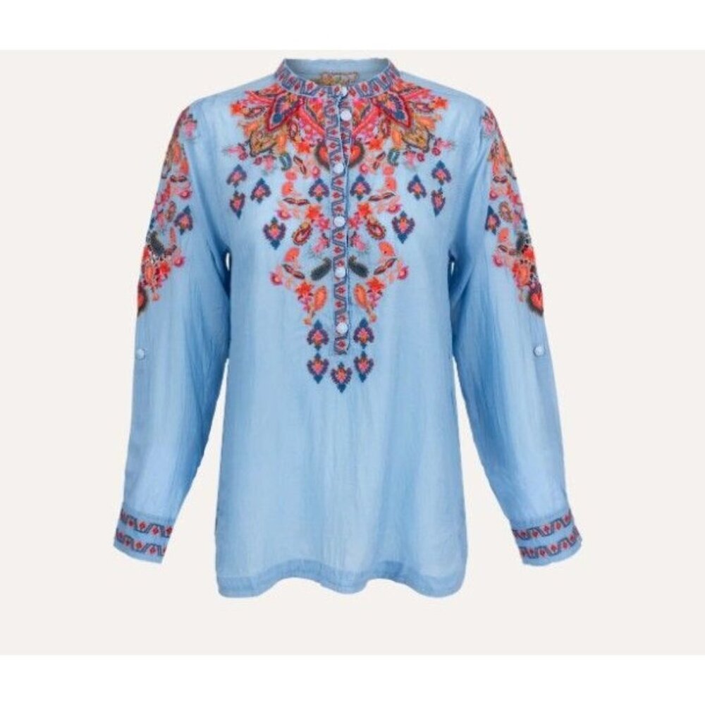Johnny Was Alba Embroidered Blue Blouse Size S NEW